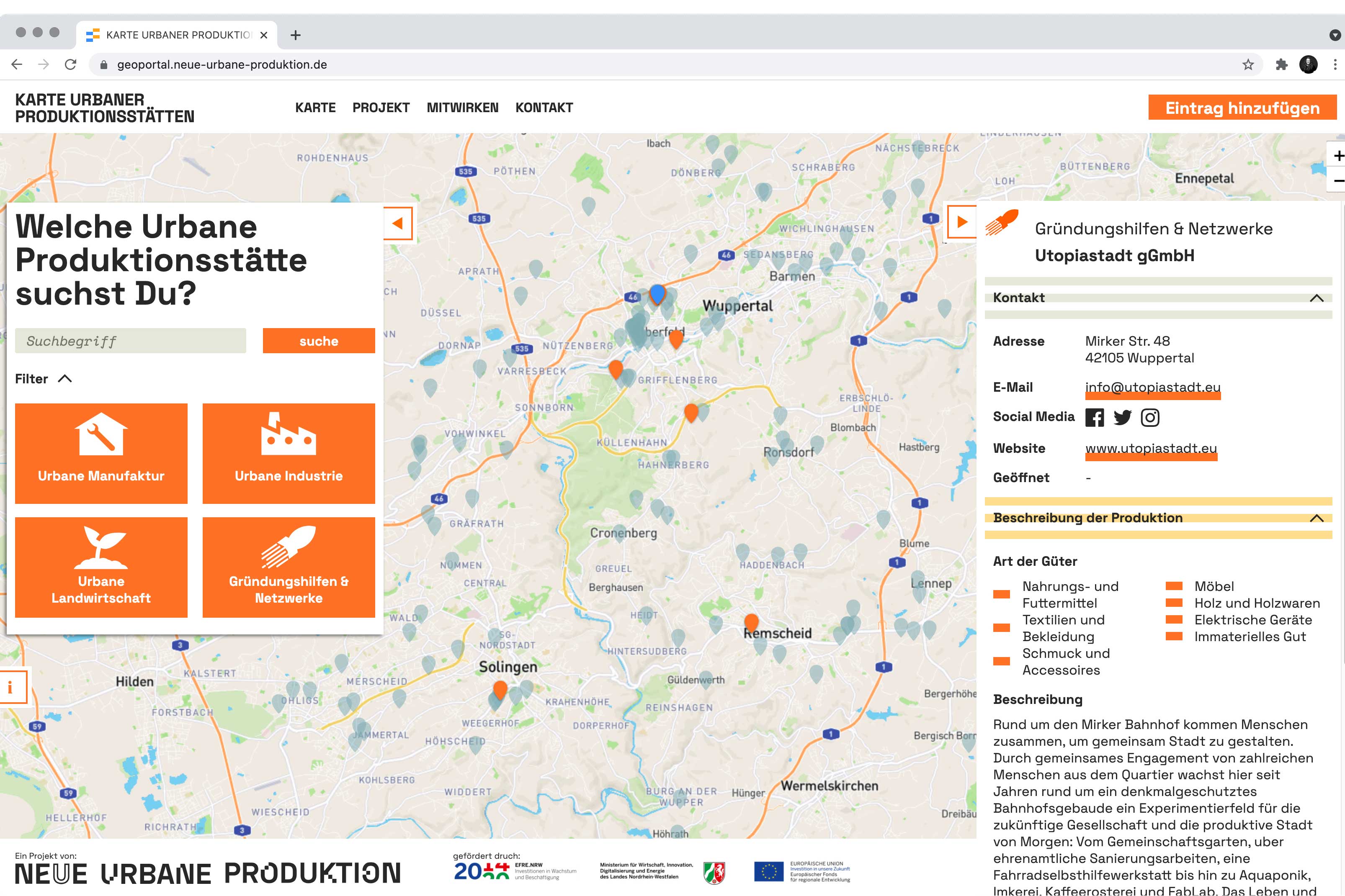 Screenshot der interaktiven Karte "Neue Urbane Produktion"
